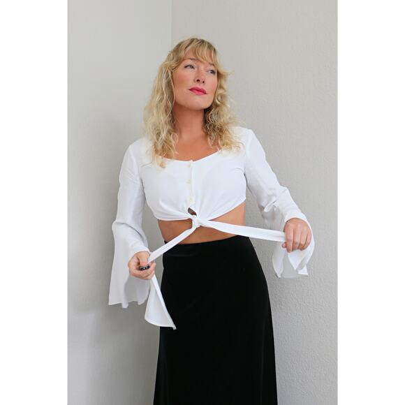 1990's Vintage Bell Sleeve Cropped Blouse Women's XS SM 2 Much L.A Soft Goth 90s - Picture 1 of 9